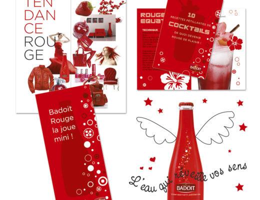 Conception graphique d’un dossier de presse pour le lancement de la petite bouteille Badoit dans les cafés.